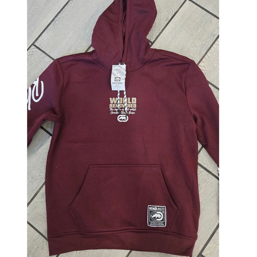 Ecko Unltd Mens World Renowned Rhino Logo Fleece Hoodie Burgundy Maroon Medium